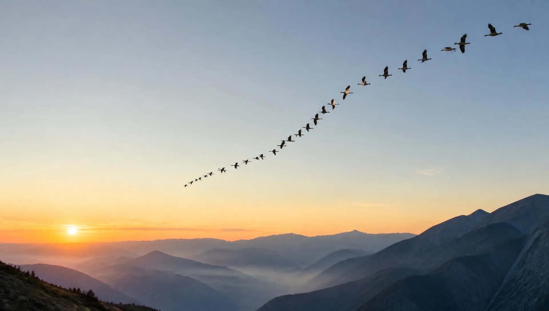 Amanecer sobre un valle de montaña con una bandada de aves volando en formación de V